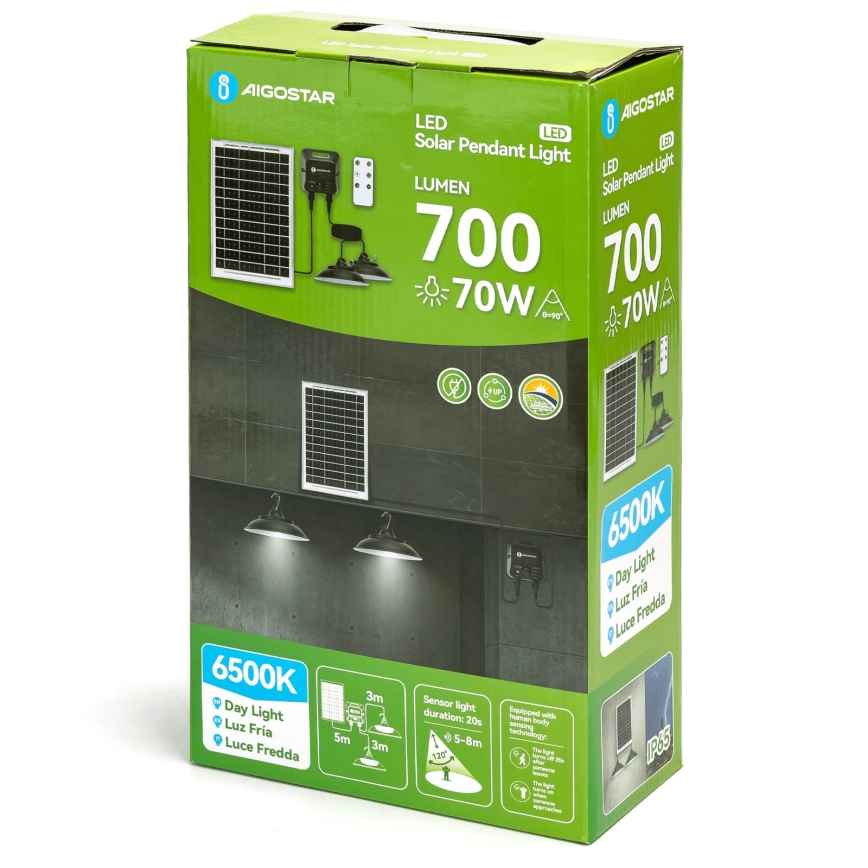 Aigostar - LED Solar Pendant Light with Sensor 2xLED/35W/12V 6000 mAh 6500K dia. 15 cm + Remote Control