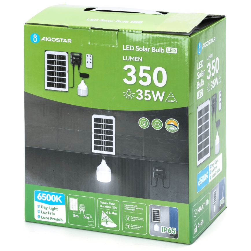 Aigostar - LED Solar Lantern with Sensor LED / 35W / 12V, 3000 mAh, 6500K, IP65, Ø 10 cm + Remote Control