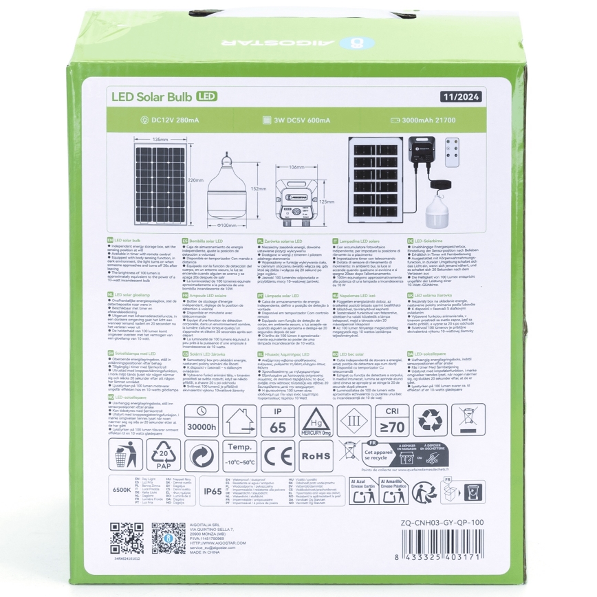 Aigostar - LED Solar Lantern with Sensor LED / 35W / 12V, 3000 mAh, 6500K, IP65, Ø 10 cm + Remote Control