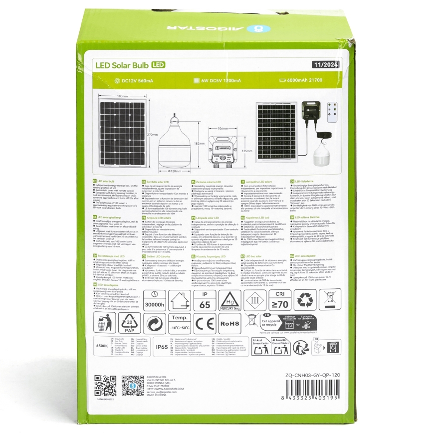 Aigostar - Solar LED Pendant Light with Sensor LED/70W/12V 6000 mAh 6500K IP65 Ø 12 cm + remote control