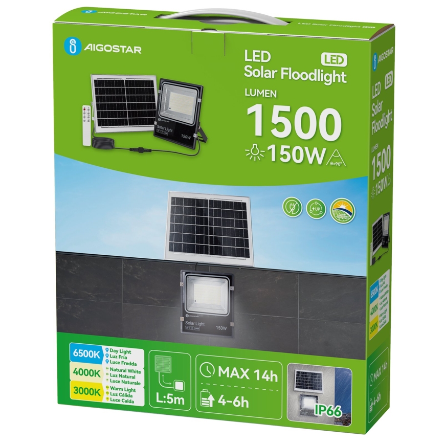 Aigostar - LED Solar Floodlight LED/150W/3.2V 3000mAh 3000K/4000K/6500K IP66 + remote control
