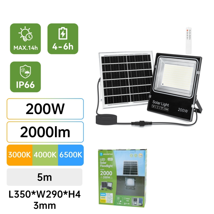 Aigostar - LED Solar Floodlight LED/200W/3.2V 3600mAh 3000K/4000K/6500K IP66 + remote control