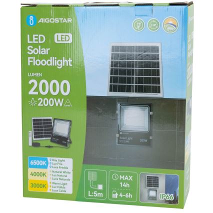 Aigostar - LED Solar Floodlight LED/200W/3.2V 3600mAh 3000K/4000K/6500K IP66 + remote control