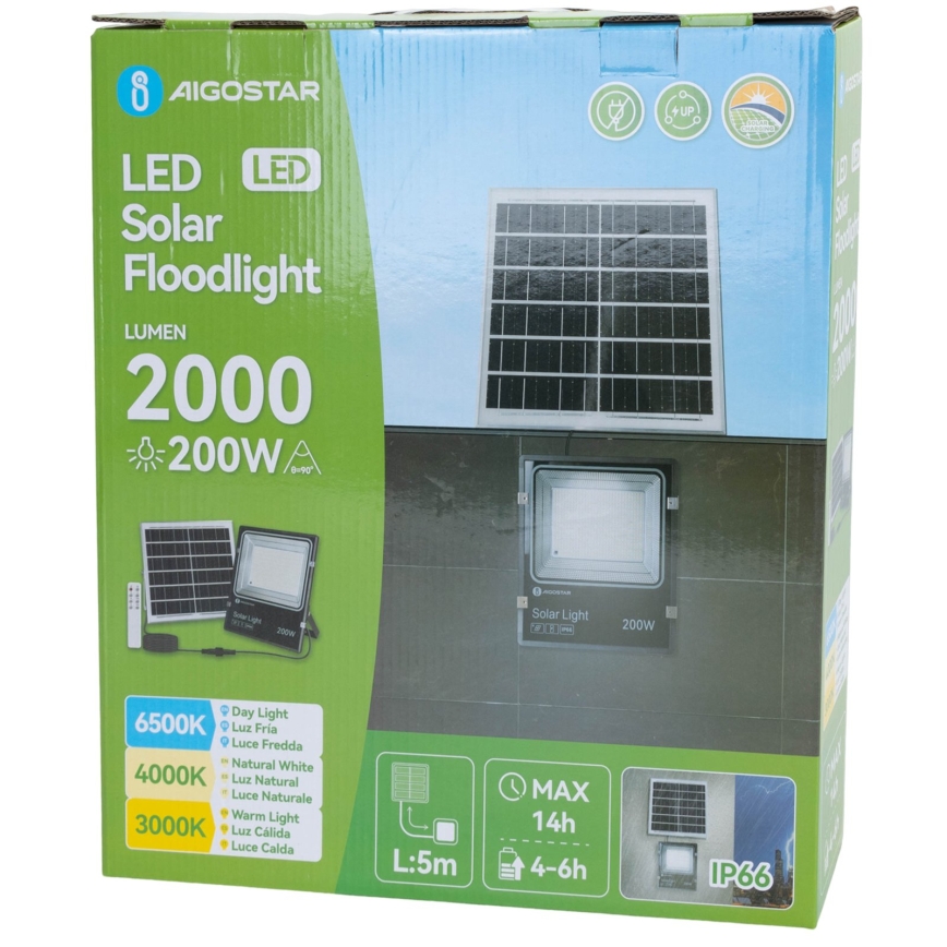 Aigostar - LED Solar Floodlight LED/200W/3.2V 3600mAh 3000K/4000K/6500K IP66 + remote control