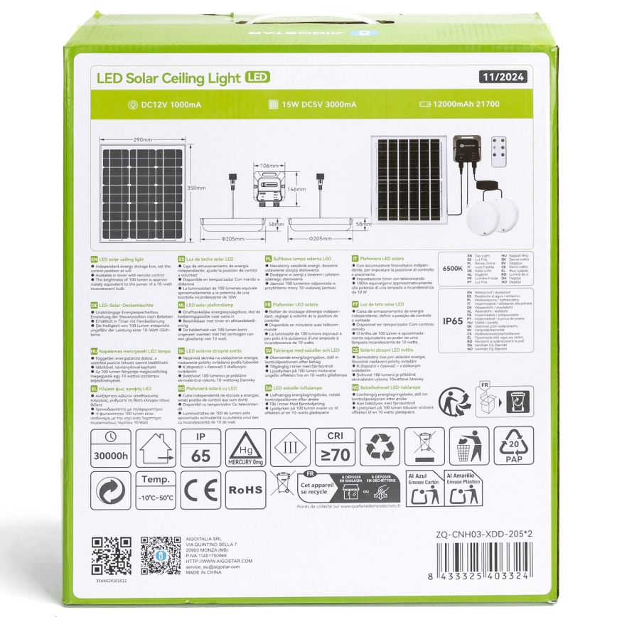 Aigostar - LED Solar light 2xLED/70W/12V 12000 mAh 6500K d. 20,5 cm + remote control