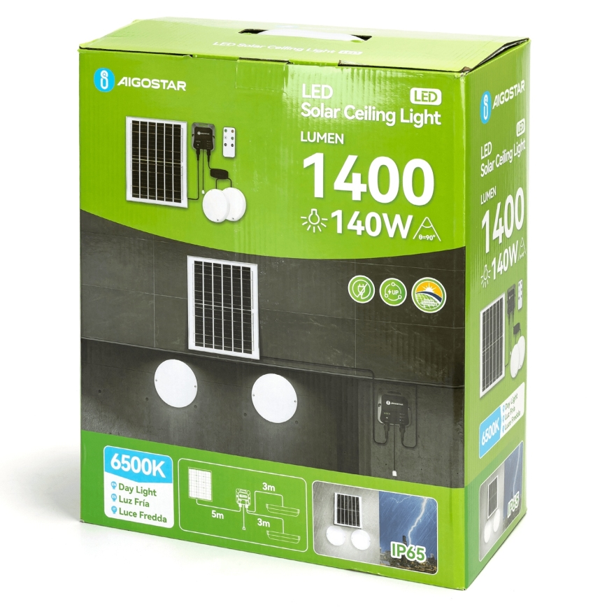 Aigostar - LED Solar Light 2xLED/70W/12V 12000 mAh 6500K IP65 Ø 20,5 cm + remote control