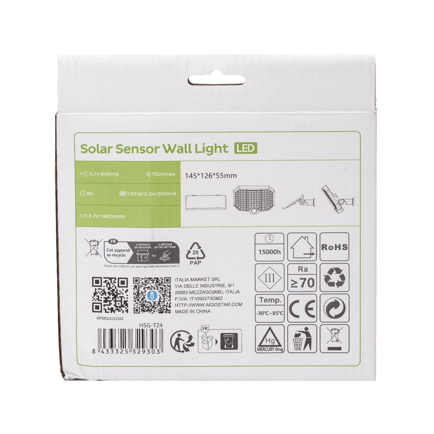 Aigostar - LED Solar light with a motion sensor LED/2,4W/3,7V IP65
