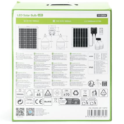 Aigostar - LED Solar Pendant Light 2xLED / 70W / 12V, 12000 mAh, 6500K, IP65, Ø 12 cm + Remote Control
