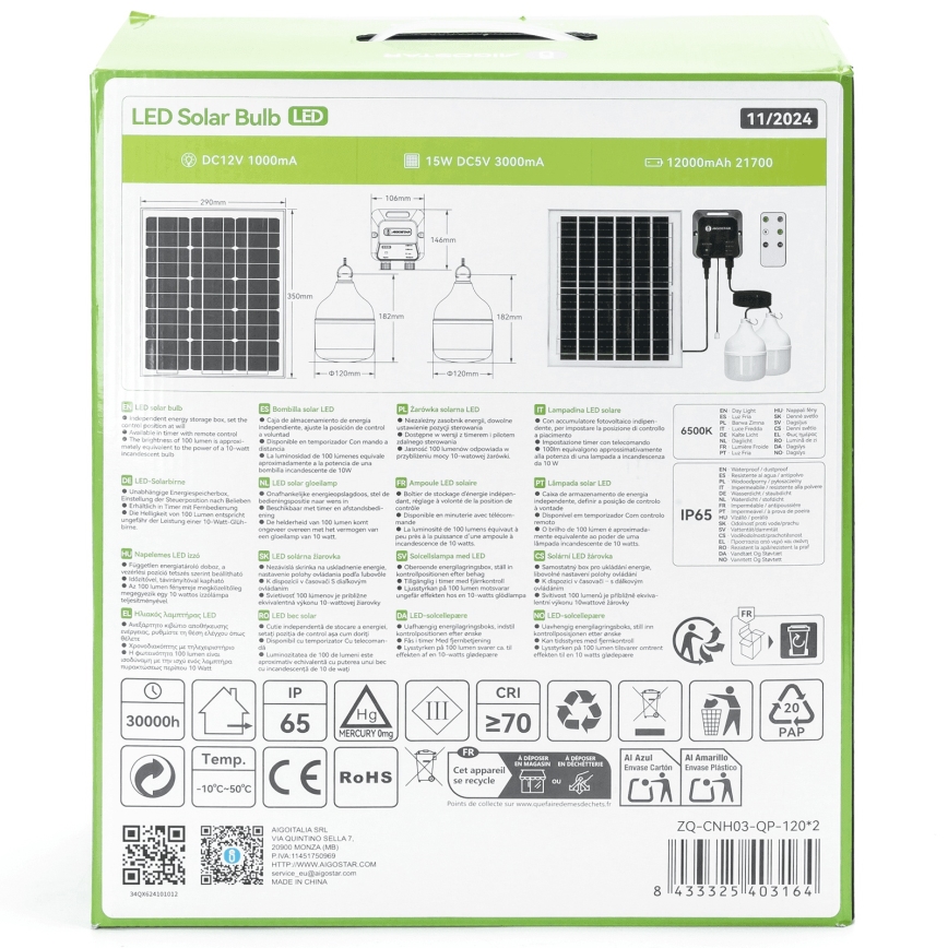 Aigostar - LED Solar Pendant Light 2xLED / 70W / 12V, 12000 mAh, 6500K, IP65, Ø 12 cm + Remote Control