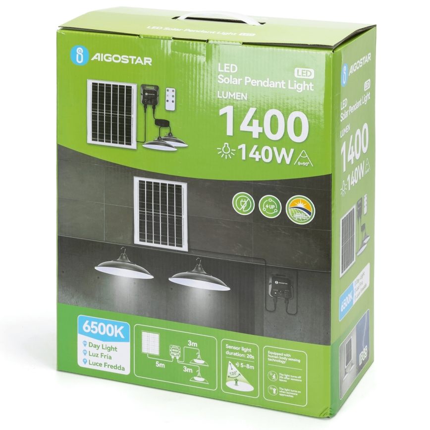 Aigostar - LED Solar Pendant Light with Built-In Sensor 2xLED/70W/12V 12000 mAh 6500K IP65 Ø 23,5 cm + Remote Control