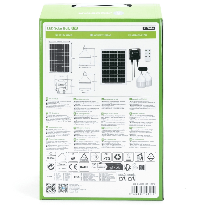Aigostar - LED Solar Pendant Light 2x LED / 35W / 12V, 6000 mAh, 6500K, IP65, diam. 10 cm + remote control