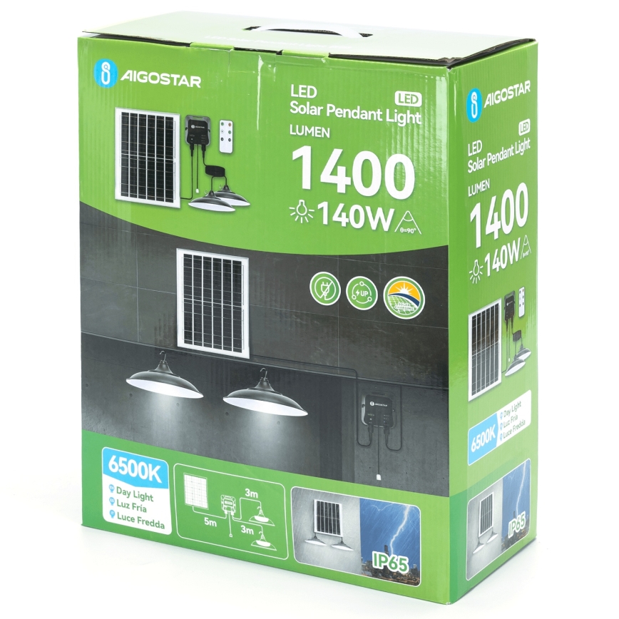 Aigostar - LED Solar Pendant Light 2xLED / 70W / 12V / 12000 mAh 6500K IP65 Ø 23.5 cm + Remote Control