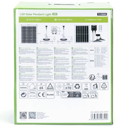 Aigostar - LED Solar Pendant Light 2xLED / 70W / 12V / 12000 mAh 6500K IP65 Ø 23.5 cm + Remote Control
