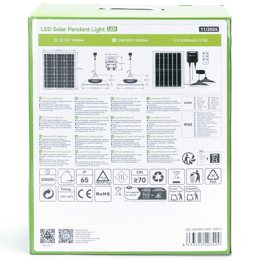 Aigostar - LED Solar Pendant Light 2xLED / 70W / 12V / 12000 mAh 6500K IP65 Ø 23.5 cm + Remote Control