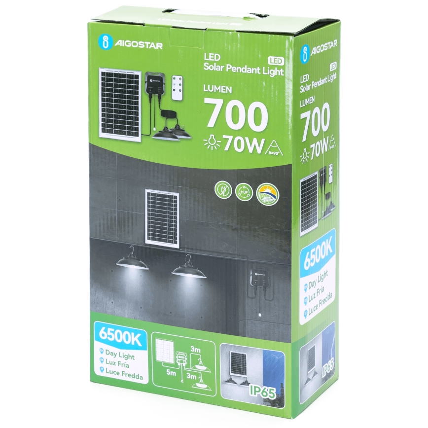 Aigostar - LED solar pendant light with sensor 2xLED/35W/12V 6000 mAh 6500K IP65 Ø 15 cm + remote control