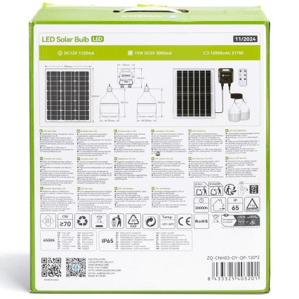 Aigostar - Solar LED pendant light with sensor 2xLED/70W/12V 12000 mAh 6500K IP65 Ø12 cm + remote control