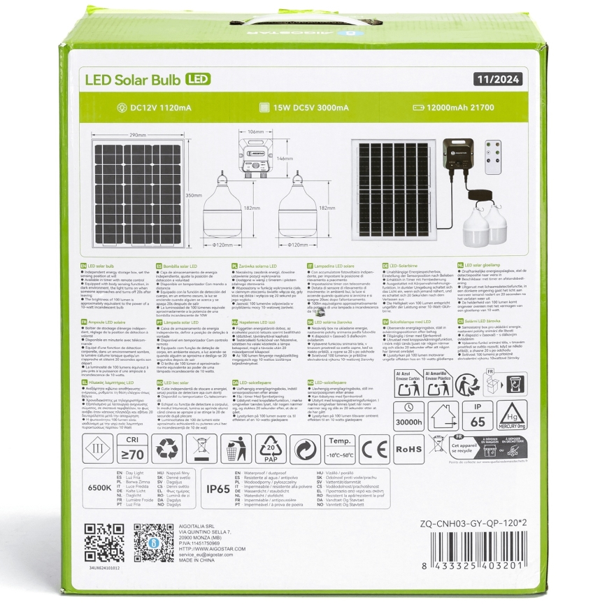 Aigostar - Solar LED pendant light with sensor 2xLED/70W/12V 12000 mAh 6500K IP65 Ø12 cm + remote control