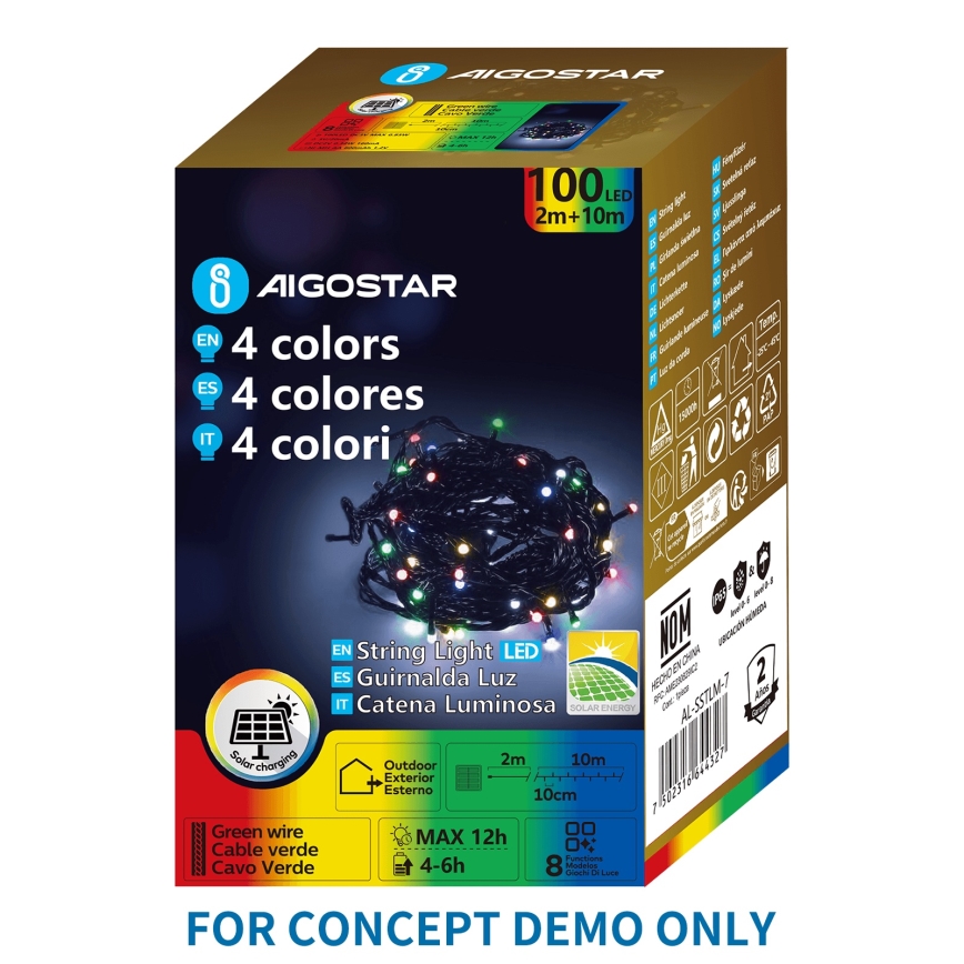 Aigostar - Solar LED Christmas String Lights, 200 LEDs, 8 Modes, 22 m, IP65, Multicolor, 800 mAh