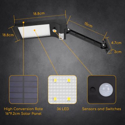 Aigostar - LED Solar street lamp with a sensor LED/2,3W/5,5V 1800 mAh IP65