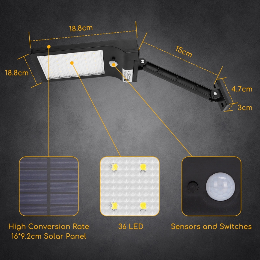 Aigostar - LED Solar street lamp with a sensor LED/2,3W/5,5V 1800 mAh IP65