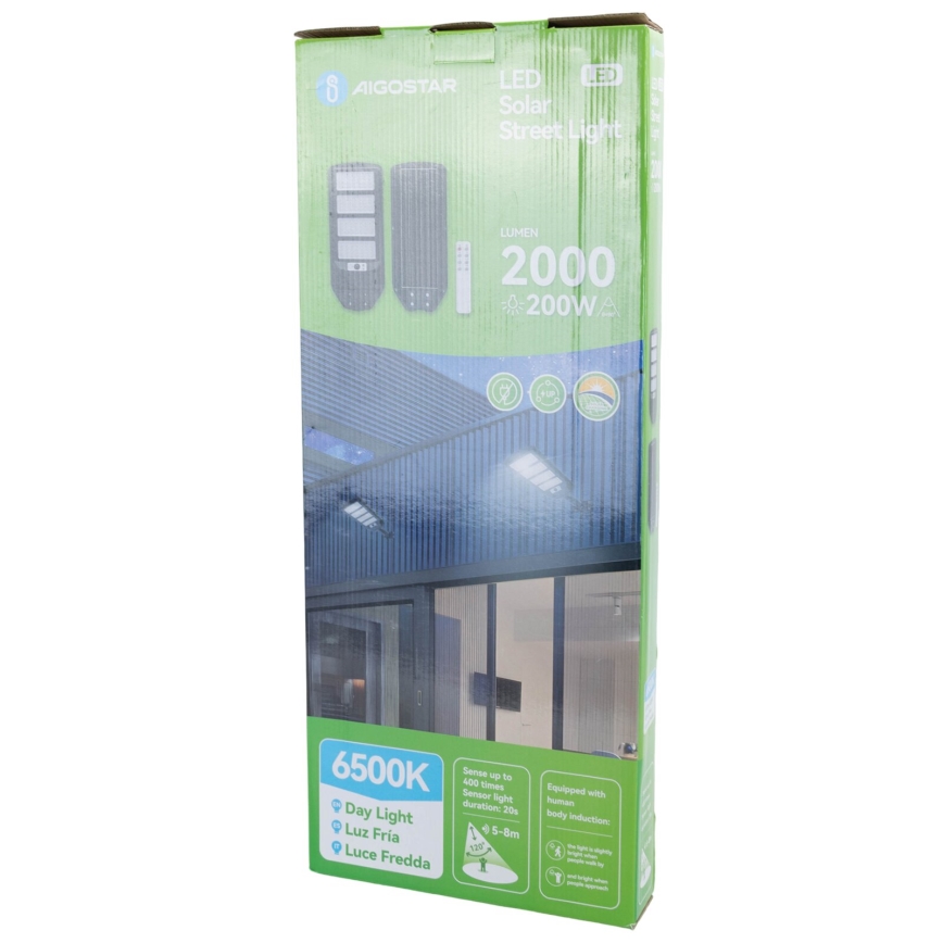 Aigostar - LED Solar street lamp with a sensor LED/200W/3,2V 12000mAh IP65 6500K + remote control