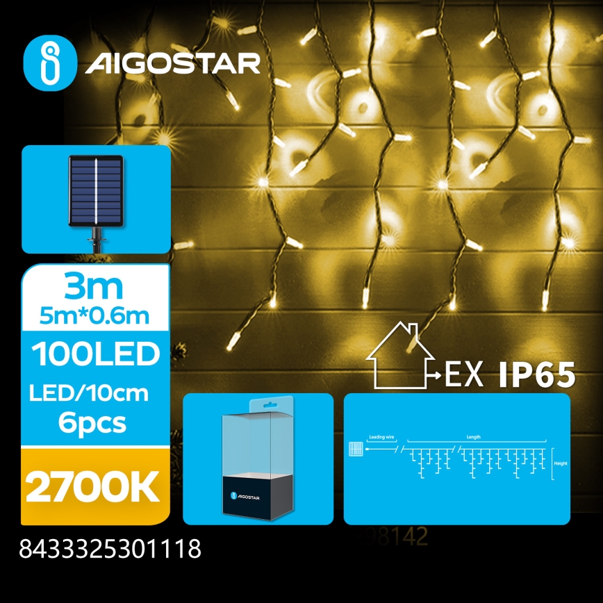 Aigostar - Solar LED String Lights, 100 LEDs, 8 Lighting Modes, 8 × 0.6 m, 800 mAh, IP65, Warm White