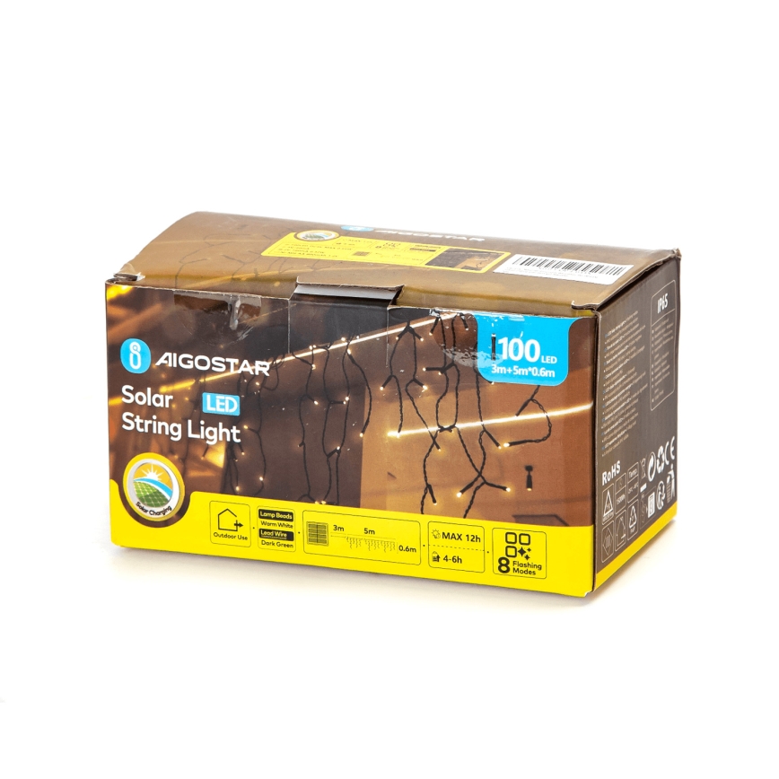 Aigostar - Solar LED String Lights, 100 LEDs, 8 Lighting Modes, 8 × 0.6 m, 800 mAh, IP65, Warm White