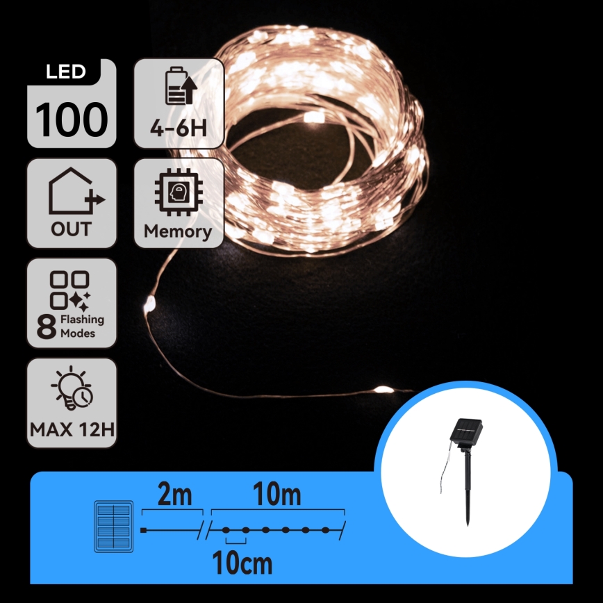 Aigostar - Solar LED String Lights, 100 LEDs / 8 Modes, 12 m, IP65, 800 mAh, Cool White