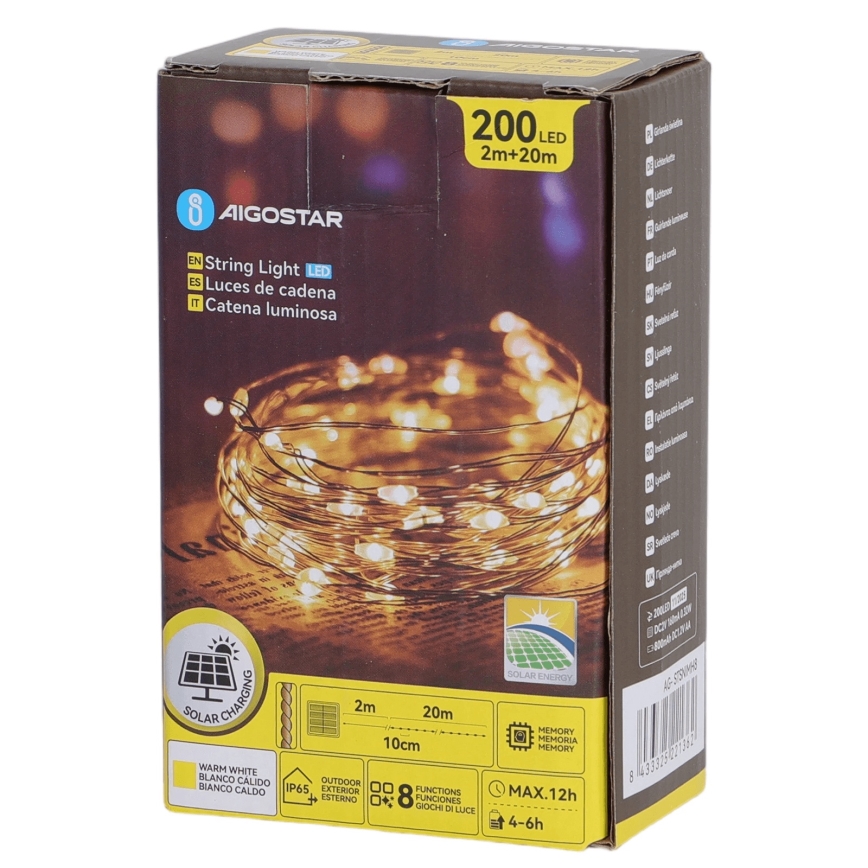 Aigostar - Solar LED String Lights, 200 LEDs / 8 Modes, 22 m, IP65, Warm White, 800 mAh