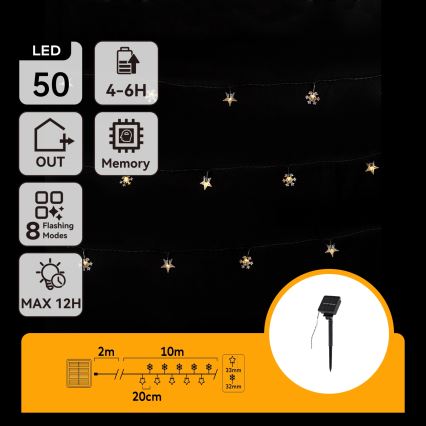 Aigostar - LED Solar String Lights, 50 LEDs / 8 Modes, 12 m, 800 mAh, IP65, Warm White