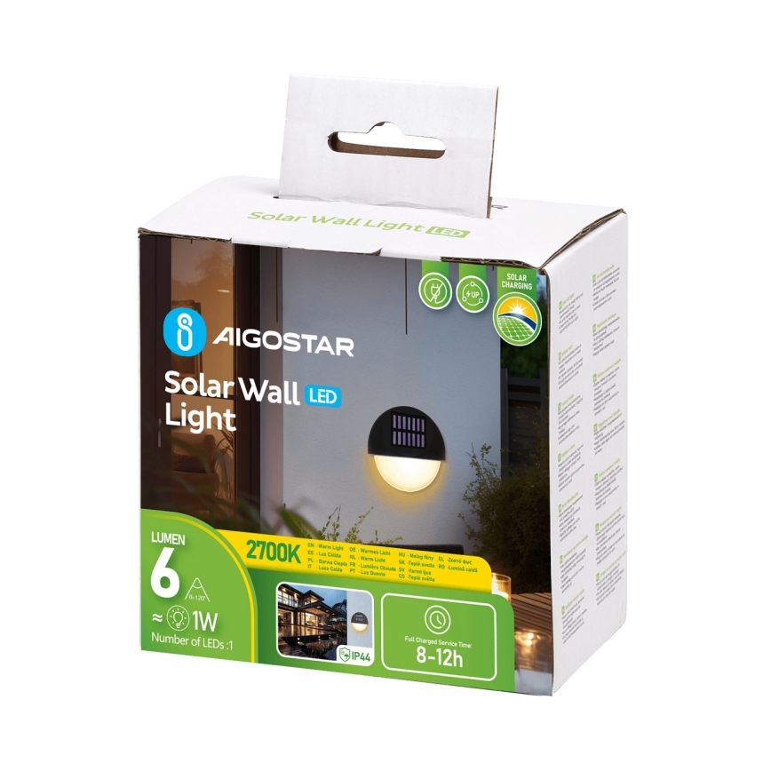 Aigostar - LED Solar wall light LED/1W/1,2V black 200 mAh 2700K IP44
