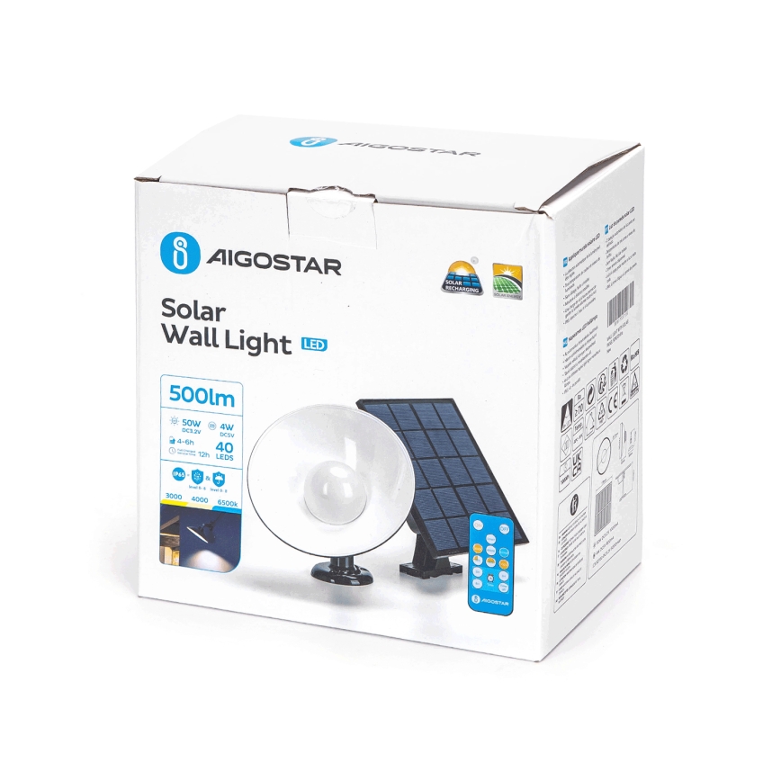 Aigostar - LED Solar wall light LED/3,2V 3000K/4000K/6500K 5000 mAh IP65 + remote control