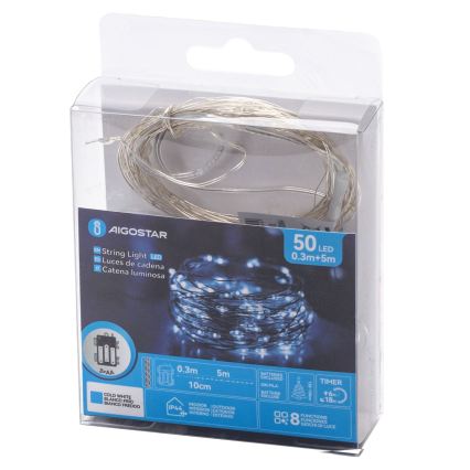 Aigostar - LED Outdoor String Lights 50 LEDs / 3×AA, 5.3 m, Cool White