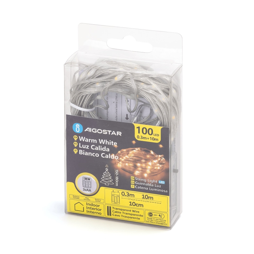 Aigostar - LED string lights, 100 LEDs, battery-powered (3xAA), 10.3 m, warm white