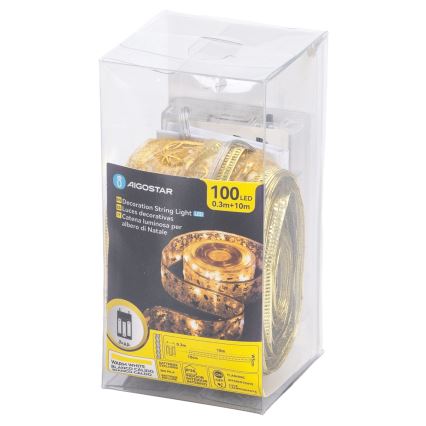 Aigostar - LED string lights 100 LEDs / 3xAA, 10 m, warm white, gold