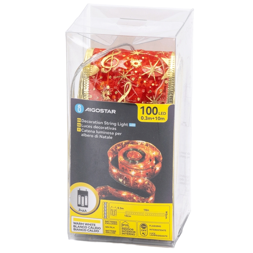 Aigostar - LED string lights, 100 LEDs / 3xAA, 10 m, warm white / red