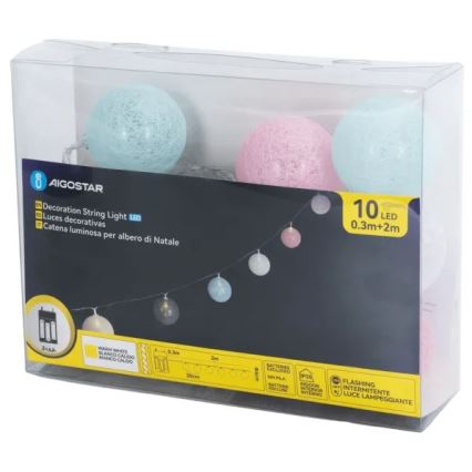 Aigostar - LED string lights, 10x LED, battery-powered (3x AA), 2 m, warm white