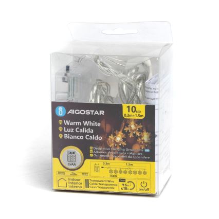 Aigostar - LED string lights 10xLED/3xAA 1,5m warm white snowflakes