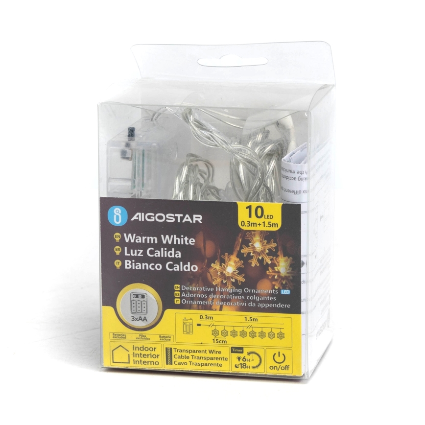 Aigostar - LED string lights 10xLED/3xAA 1,5m warm white snowflakes