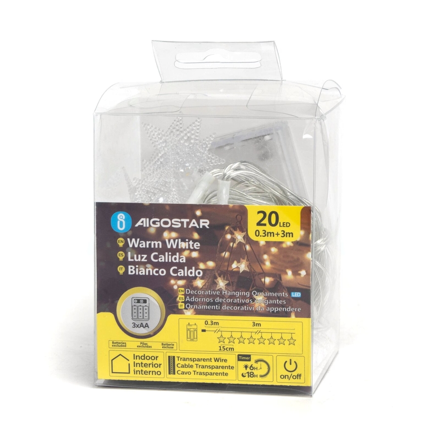 Aigostar - LED string lights, 20 LEDs / 3xAA, 3.3 m, star-shaped