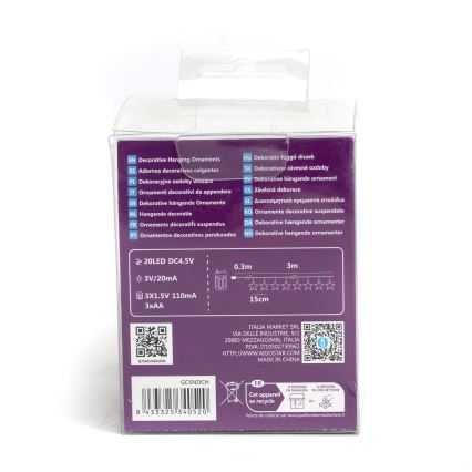 Aigostar - LED string lights, 20 LEDs / 3xAA, 3.3 m, star-shaped