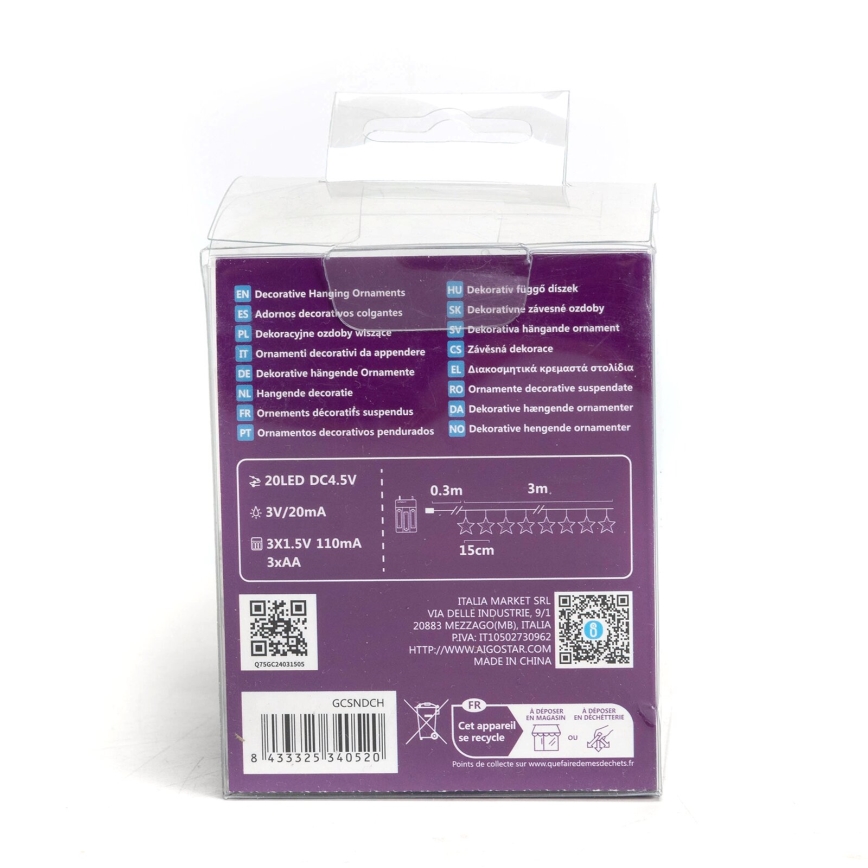 Aigostar - LED string lights, 20 LEDs / 3xAA, 3.3 m, star-shaped