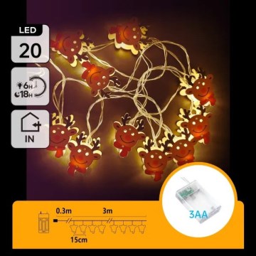 Aigostar - LED string lights, 20 LEDs, battery-powered (3×AA), 3 m, warm white, reindeer