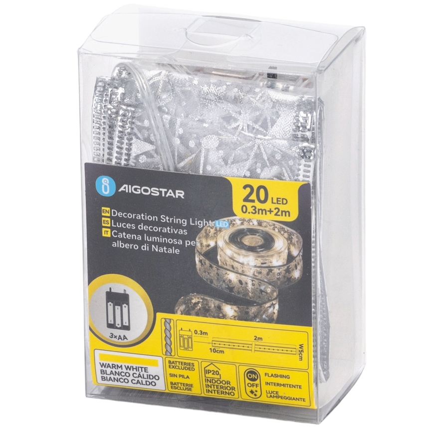 Aigostar - LED string 20xLED/3xAA 2 m warm white silver