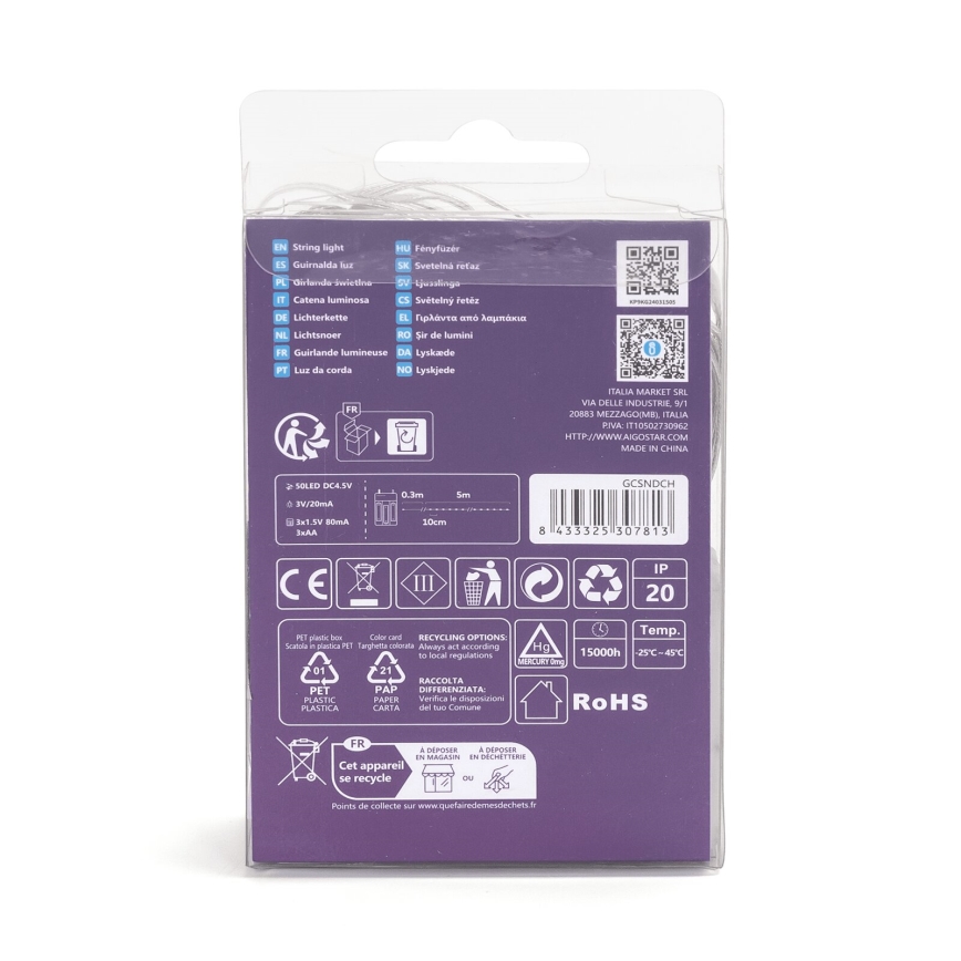 Aigostar - LED string lights 50 LEDs / 3xAA 5.3 m warm white