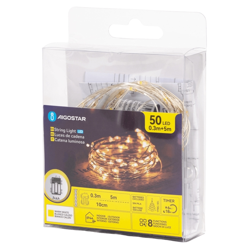 Aigostar - LED Outdoor String Lights 50xLED/3xAA 5,3 m warm white