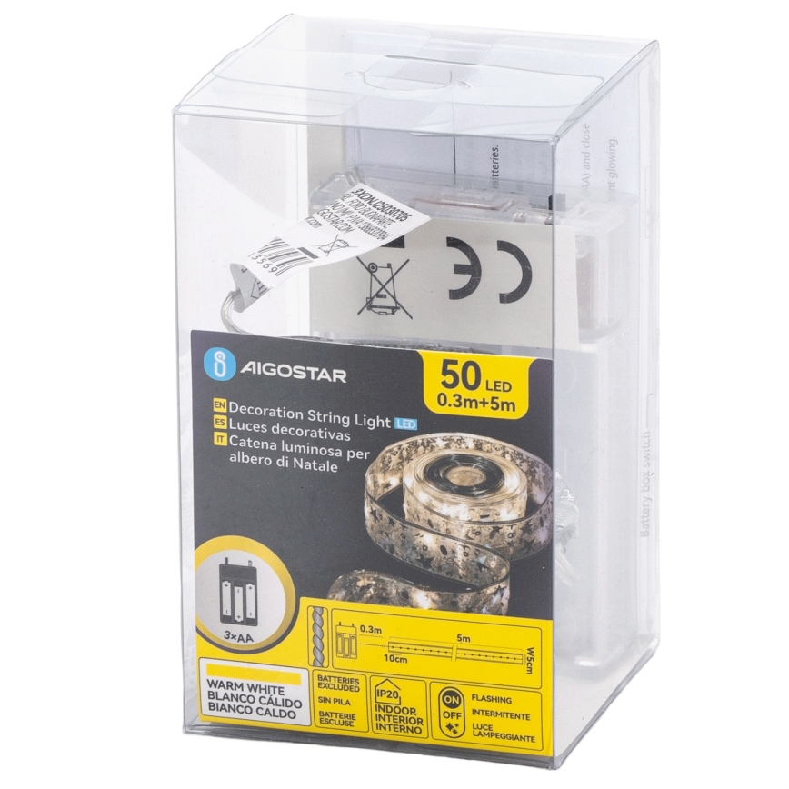 Aigostar - LED  string lights 50xLED/3xAA 5 m warm white silver