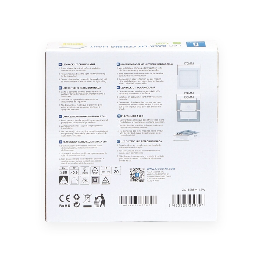 Aigostar - LED Surface-mounted ceiling light LED/12W/230V 17,3x17,3 cm 3000K white