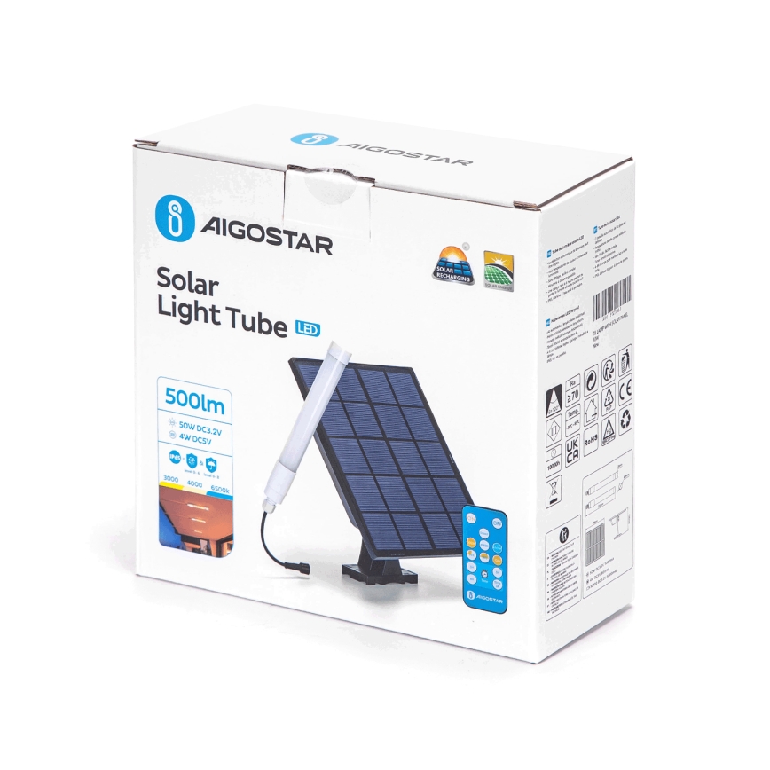 Aigostar - LED Dimmable tube with a solar panel LED/3,2V 3000K/4000K/6500K IP65 5000 mAh + remote control
