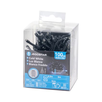Aigostar - LED Outdoor String Lights, 100 LEDs / 8 modes, 3xAA, 5.3 m, IP44, Cool White